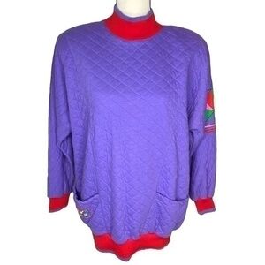 Adolfo Sport‎ Vintage 80s Top Purple and Red Quilted 2 Front Pockets Sweatshirt